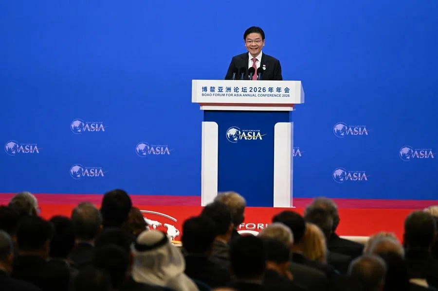 Singapore Prime Minister Lawrence Wong speaking at the Bo’ao Forum for Asia conference in Hainan, China, on 26 March 2026. (SPH Media)