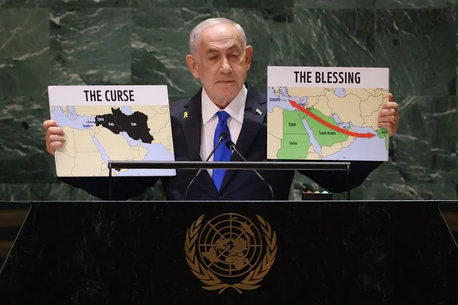 Israeli Prime Minister Benjamin Netanyahu speaks during the 79th Session of the United Nations General Assembly at the United Nations headquarters in New York City on 27 September 2024. (Charly Triballeau/AFP)