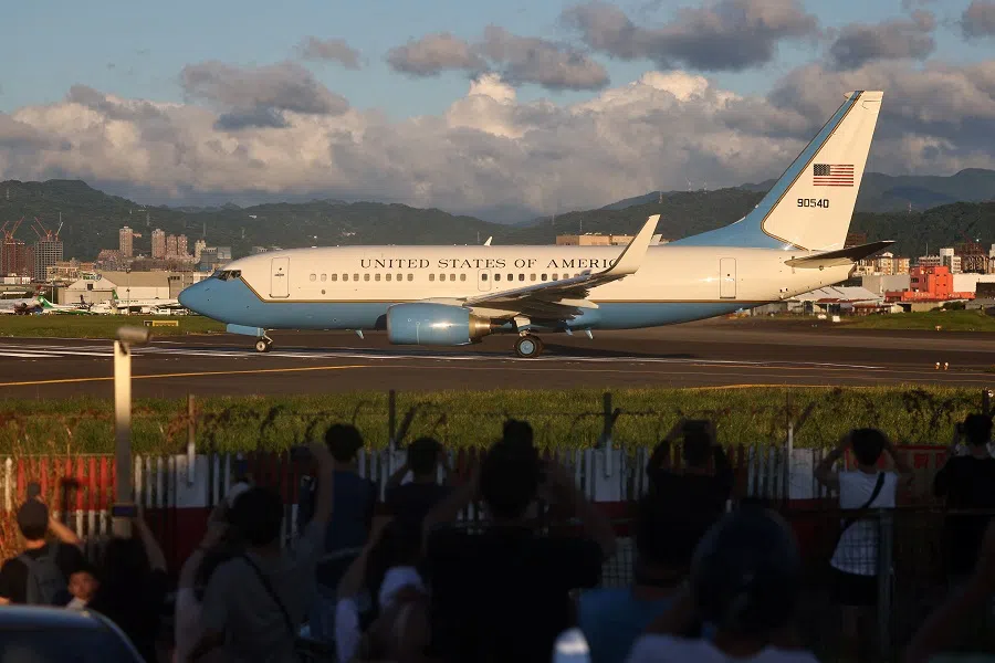 The plane carrying US House Speaker Nancy Pelosi takes off from Taipei Songshan Airport in Taipei, Taiwan, 3 August 2022. (Ann Wang/Reuters)