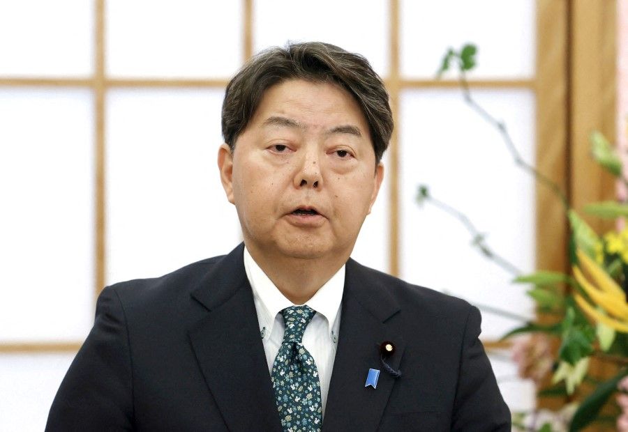 Japan's Foreign Minister Yoshimasa Hayashi speaks to reporters in Tokyo, Japan in this photo taken by Kyodo on 6 March 2023. (Kyodo/via Reuters)