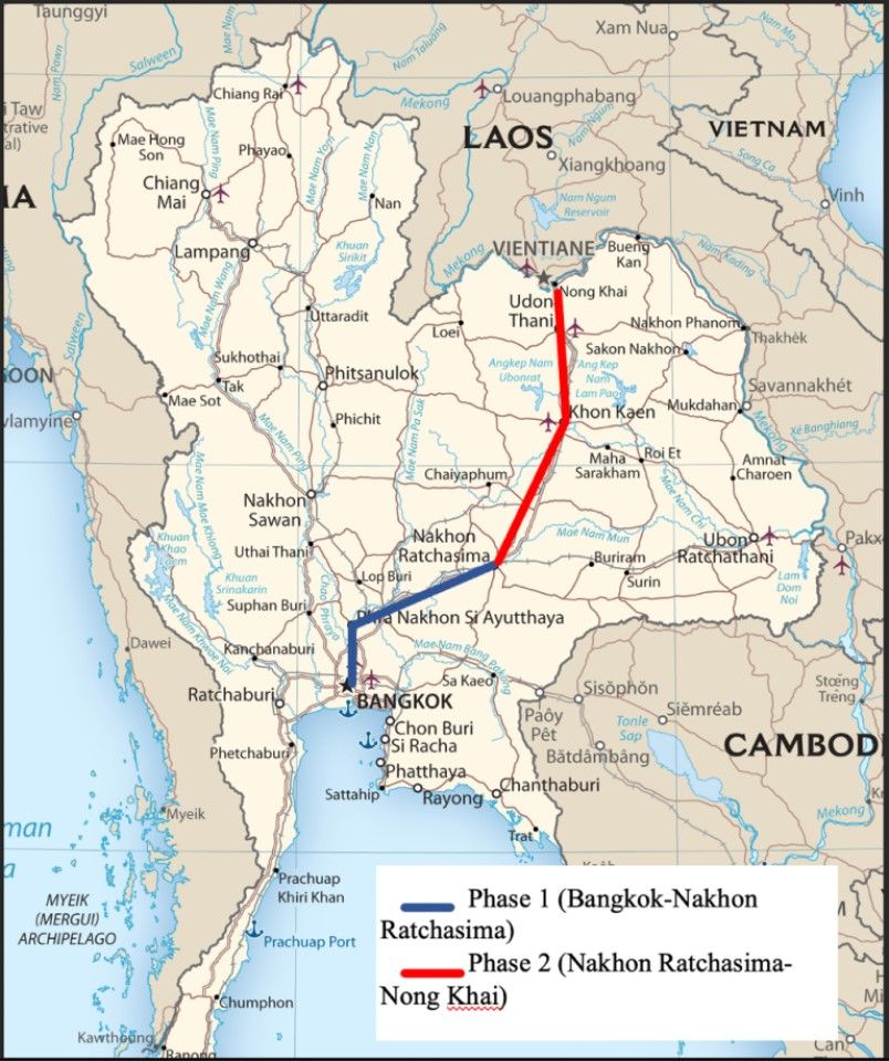 Map of Bangkok-Nong Khai High Speed Train Project. (Adapted by the author from the Railway Cooperation project map, 20 November 2022.)