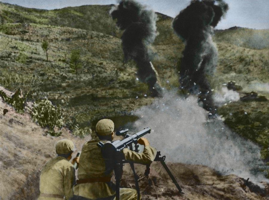 The volunteer army using an improvised Type 51, 57-mm gun against a US tank in an intense fight, 1951.