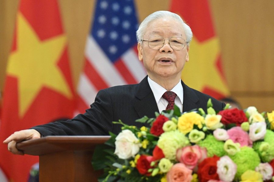 Vietnam's Communist Party General Secretary Nguyen Phu Trong speaks to the media after a meeting with US President Joe Biden at the Communist Party of Vietnam Headquarters in Hanoi on 10 September 2023. (Saul Loeb/AFP)