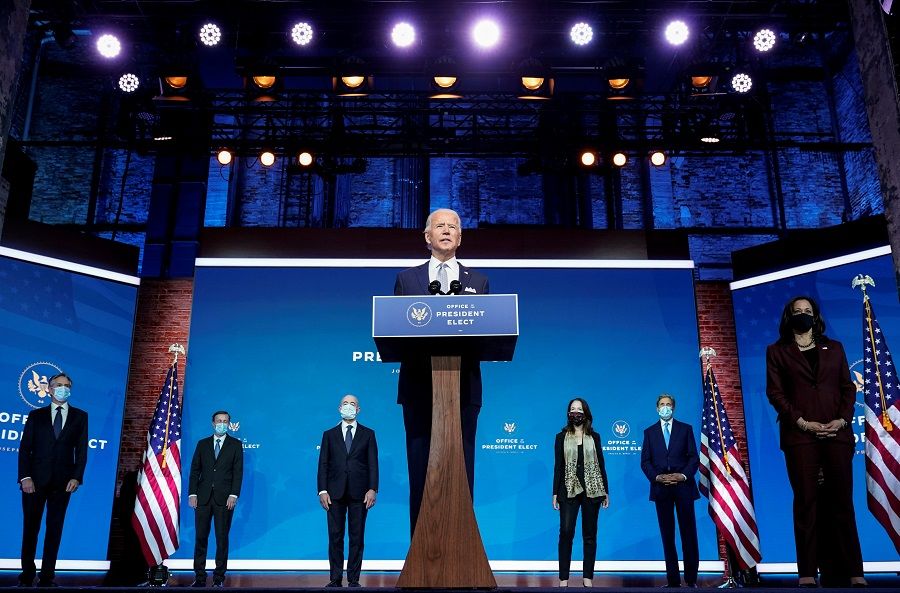 President-elect Joe Biden stands with his nominees for his national security team at his transition headquarters in the Queen Theater in Wilmington, Delaware, US, 24 November 2020. (Joshua Roberts/Reuters)
