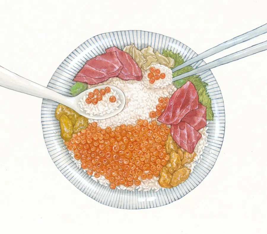 A photo of Japanese sashimi don. Japanese and Chinese are Asians, but their eating habits are different. Japanese eat a lot of raw seafood, but Chinese do not like raw food, preferring to cook their food.