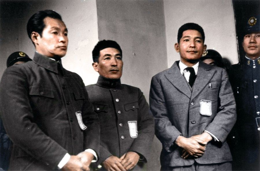 On 18 December 1947, Japanese war criminals (from left to right) Gunkichi Tanaka, Tsuyoshi Noda and Toshiaki Mukai stood trial at the Nanjing War Crimes Tribunal, exactly ten years after the Nanjing Massacre. Noda and Mukai were the protagonists of the "100-man killing contest", while Tanaka belonged to Hisao Tani's 6th Division and had been involved in the mass killings of over 300 civilians with the use of a sword in the western suburbs of Nanjing.