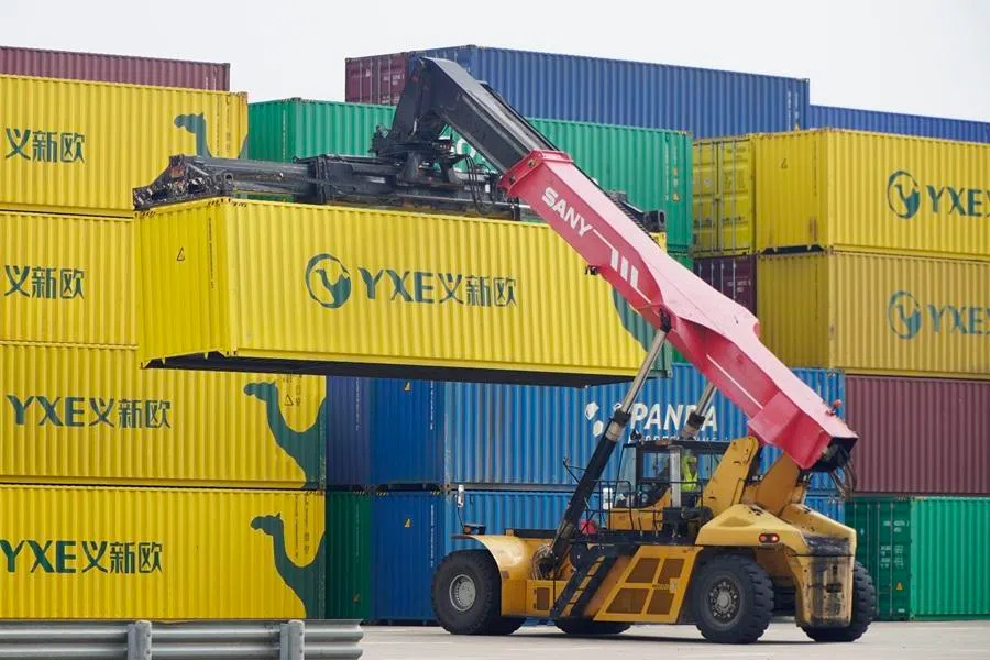 China-Europe freight train container distribution center in Yiwu, Zhejiang, China, on 6 March 2026. 