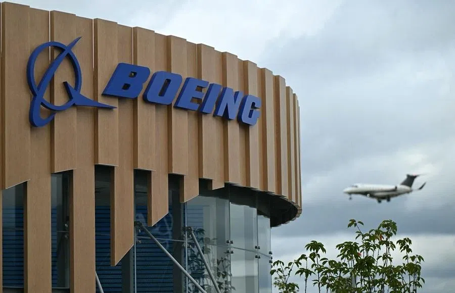 A logo is seen on the Boeing stand on the opening day of the Farnborough International Airshow 2024, south west of London, on 22 July 2024.
