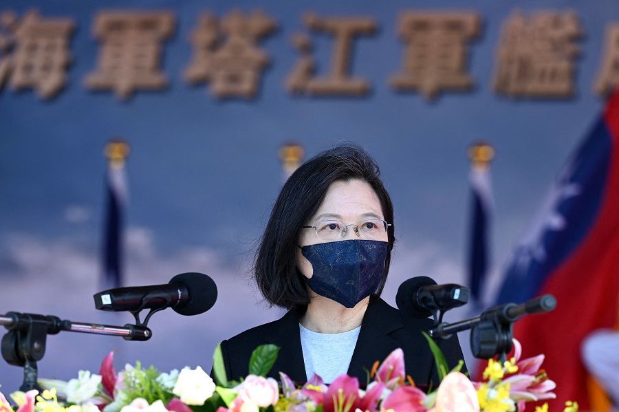 Taiwan President Tsai Ing-wen speaks during an inauguration ceremony of a Ta Chiang Corvette at a navy base in Yilan, Taiwan, on 9 September 2021. (Sam Yeh/AFP)