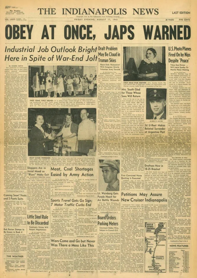 On 17 August 1945, three days after Japan's surrender, Allied troops were about to take charge of Japan. A report in The Indianapolis News warned that Japan had to abide by the surrender and not to act recklessly.