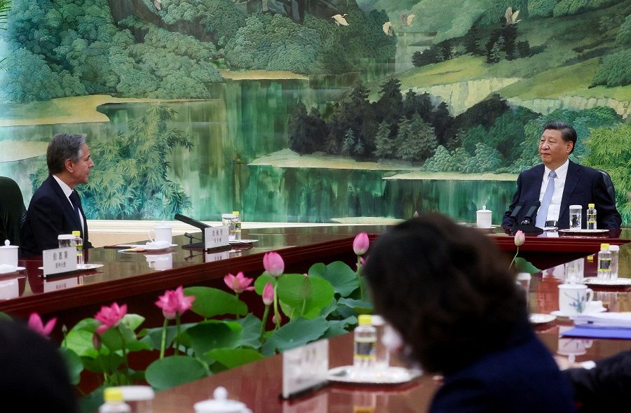 US Secretary of State Antony Blinken meets with Chinese President Xi Jinping in the Great Hall of the People in Beijing, China, 19 June 2023. (Leah Millis/Pool/Reuters)