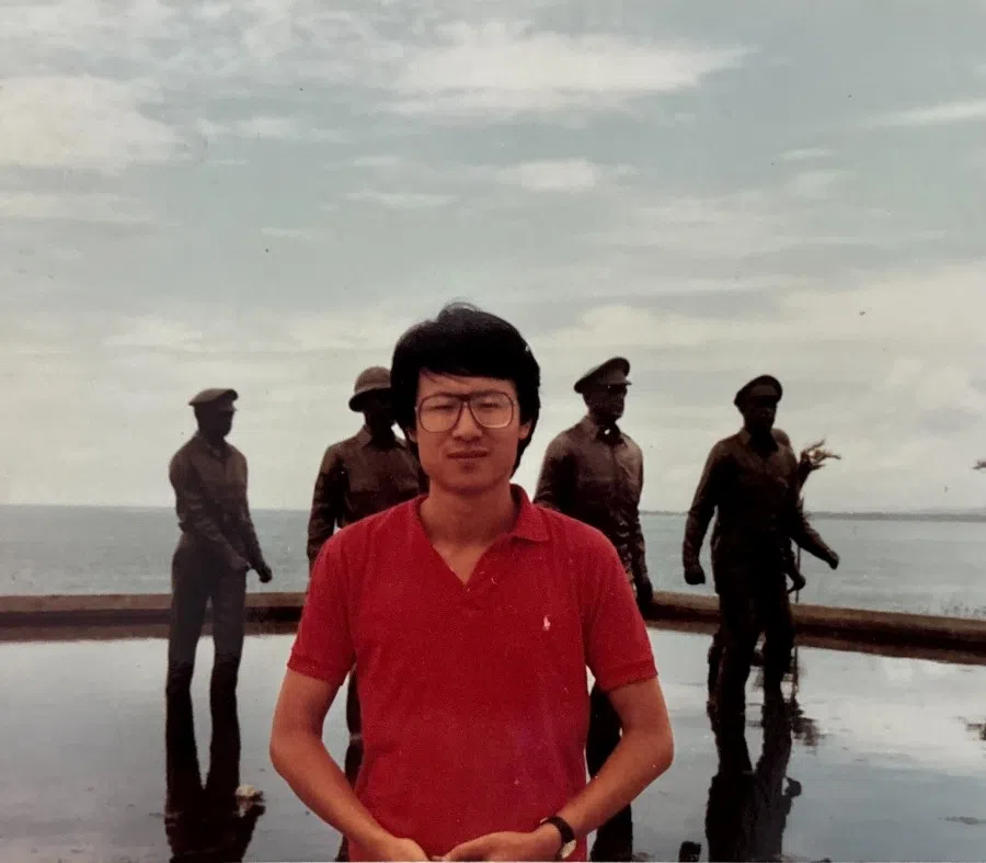 The writer in 1985 at the memorial site of General MacArthur’s historic landing on Leyte Island, marking his return to the Philippines in October 1944.