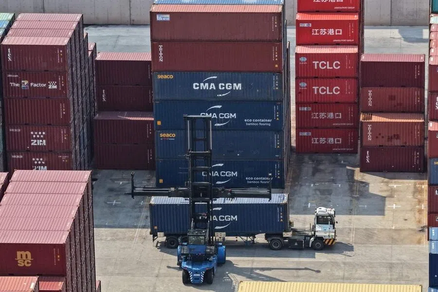 Containers are seen at a port in Nanjing, Jiangsu province, China, on 8 July 2026.