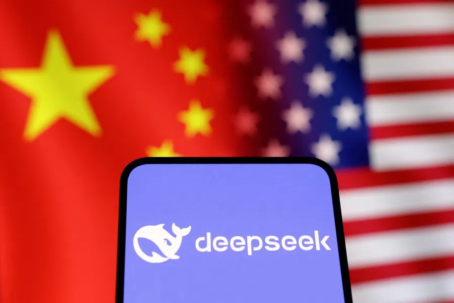 The DeepSeek logo and US and Chinese flags are seen in this illustration taken on 29 January 2025.