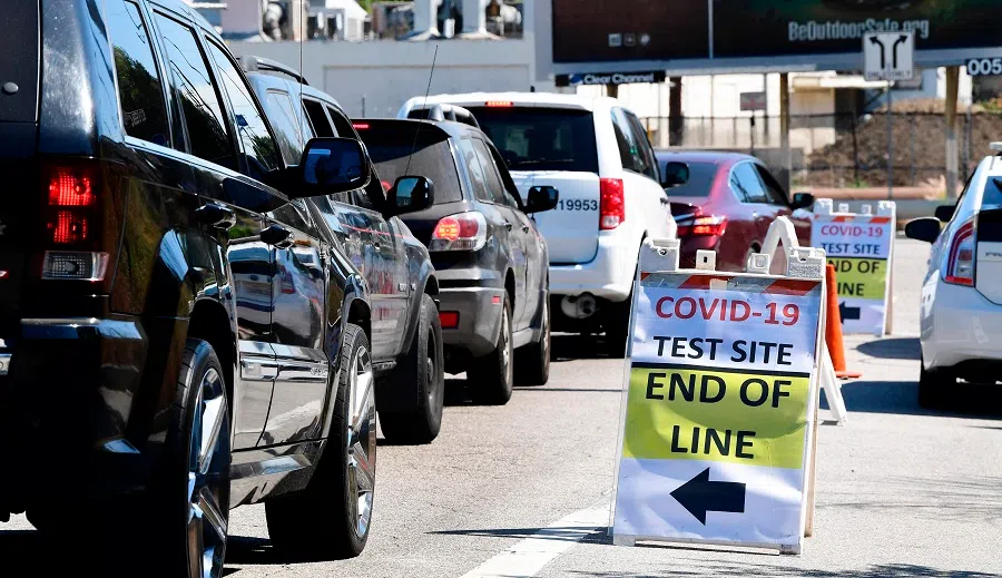 Vehicles make their way to a Covid-19 test site in Los Angeles, California on 21 July 2020. (Frederic J. Brown/AFP)