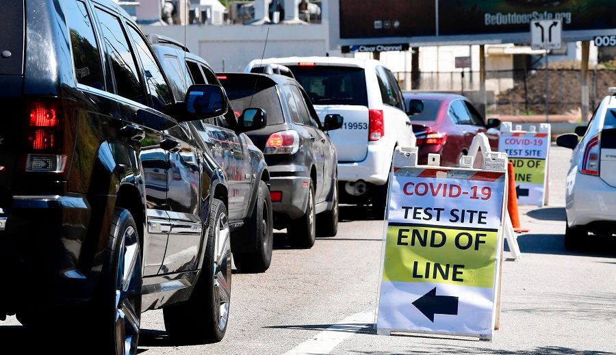 Vehicles make their way to a Covid-19 test site in Los Angeles, California on 21 July 2020. (Frederic J. Brown/AFP)