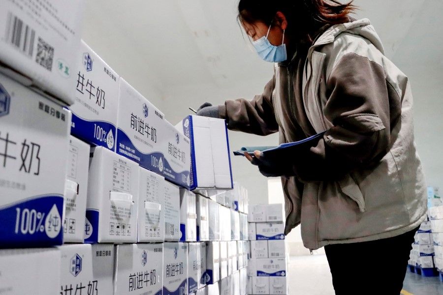 This photo taken on 17 January 2022 shows an employee inspecting boxes of milk at a dairy company in Zhangye in China's northeastern Gansu province. (AFP)