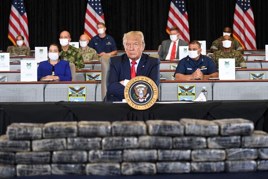 US President Donald Trump attends a briefing on Enhanced Narcotics Operations at the US Southern Command in Doral, Florida, on 10 July 2020. (Saul Loeb/AFP)