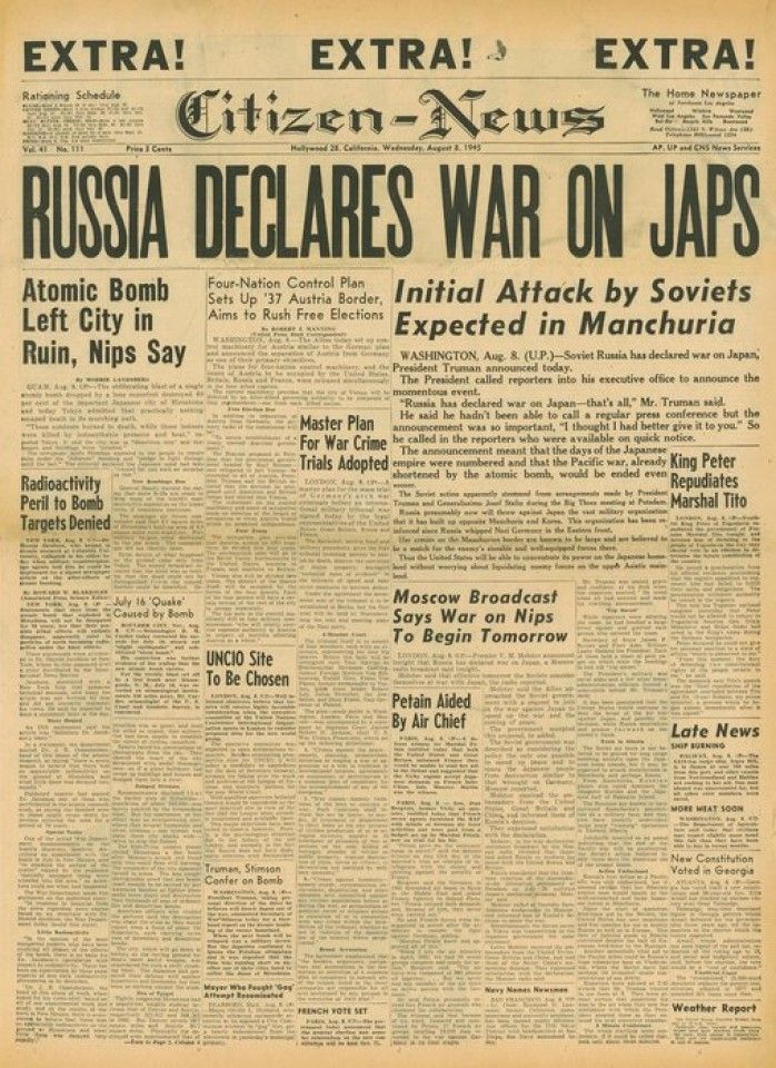 On 8 August 1945, Citizen-News reported that the Soviet Union had declared war on Japan. This plan was confirmed after the Yalta Agreement. On 4 February 1945, the heads of Britain, the US and the Soviet Union met in Yalta, where the decision was taken for the Soviet Union to join the war against Japan, and that northeast China and the Korean peninsula would come under the control of the Soviet army. In the last few days of World War II, the Soviet Union launched a high-profile attack on the Manchukuo-Japan army and occupied North Korea.