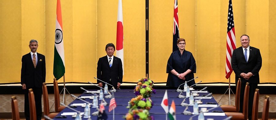 (left to right) India's Foreign Minister Subrahmanyam Jaishankar, Japan's Foreign Minister Toshimitsu Motegi, Australian Foreign Minister Marise Payne and US Secretary of State Mike Pompeo pose for a picture as they attend a meeting in Tokyo, Japan, 6 October 2020. (Charly Triballeau/Pool/AFP)