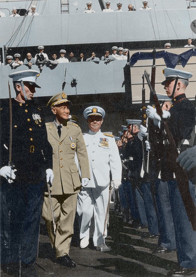 Chiang Kai-shek visiting the US Seventh Fleet to observe sea and air exercises, 1958.