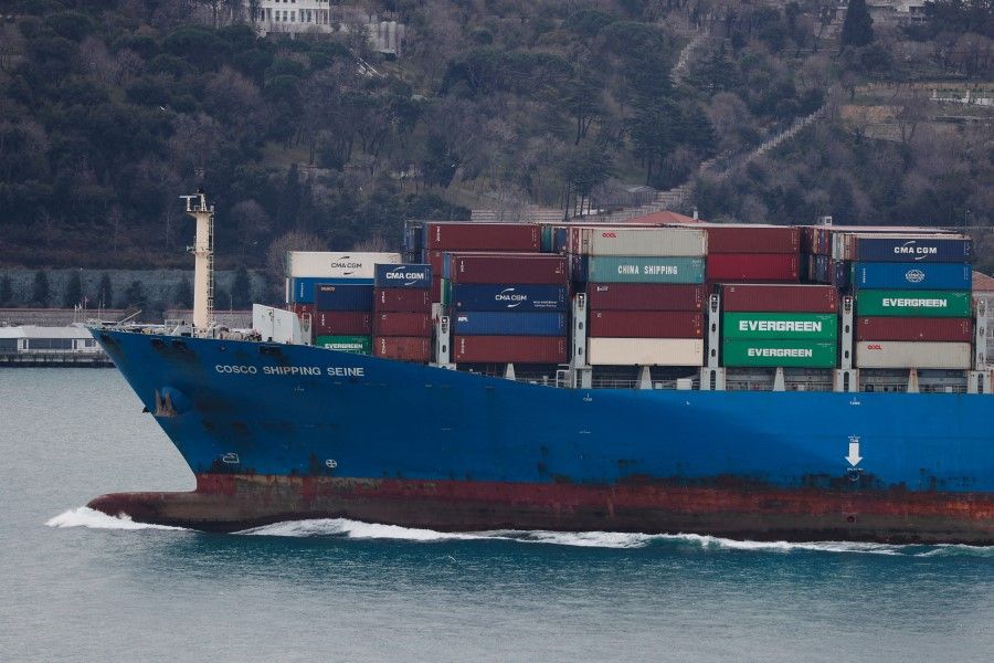 A China Ocean Shipping Company container ship on its way to the Black Sea, in Istanbul, Turkey, 3 March 2022. (Murad Sezer/Reuters)