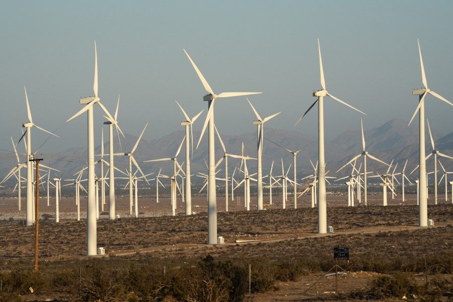 Wind turbines at the San Gorgonio Pass wind farm in Whitewater, California, U.S., 3 June 2021. (Bing Guan/Bloomberg)