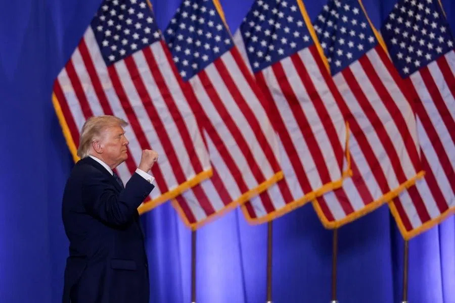US President Donald Trump departs after speaking at an event inside Eugene Levy Fieldhouse at Rockland Community College in Suffern, New York, US, 22 May 2026.
