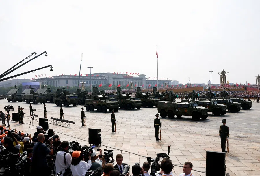 Members of the People’s Liberation Army stand as anti-drone weaponry is displayed in a military parade to mark the 80th anniversary of the end of World War Two, in Beijing, China, on 3 September 2025. (Maxim Shemetov/Reuters)