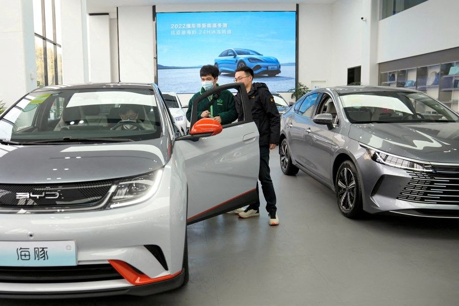 BYD electric vehicles (EV) are displayed at a car dealership in Shanghai, China, 3 February 2023. (Aly Song/Reuters)