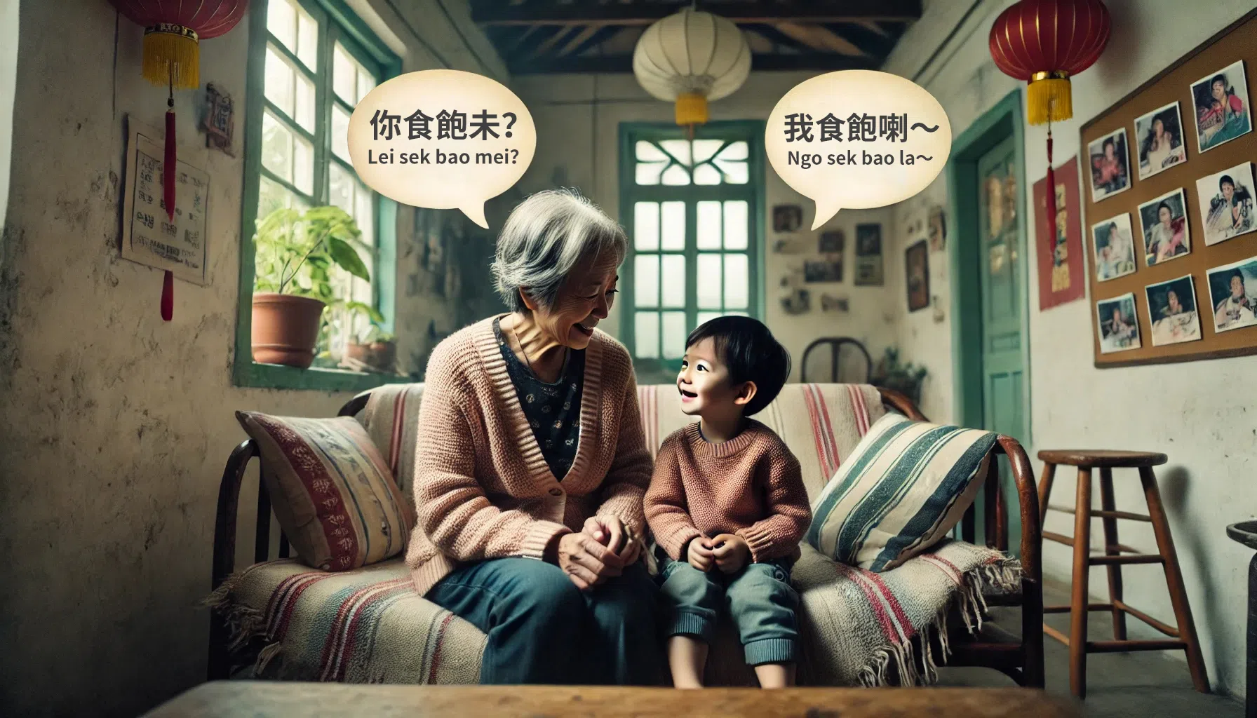 A grandmother and grandson share a warm conversation in Cantonese. (Image generated by Lu Lingming with assistance from ChatGPT)