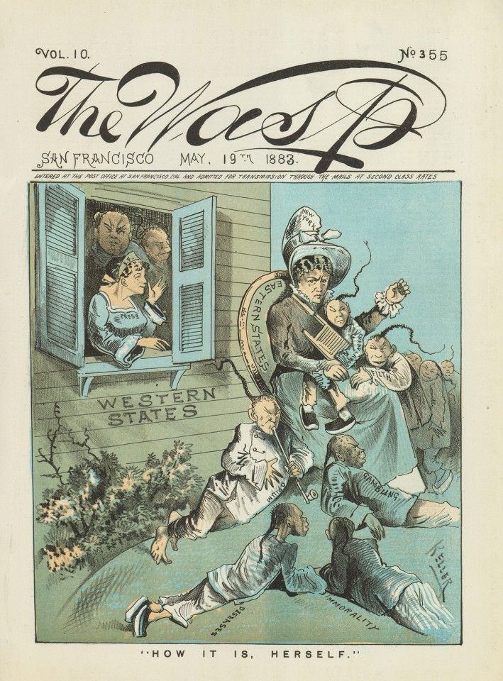 "How it is, Herself", The Wasp magazine, 19 May 1883. Amid overwhelming anti-Chinese sentiment on the West Coast, Chinese workers took advantage of the railway and moved to cities on the East Coast, and took over the jobs of white workers and others with often lower pay. This illustration shows the respective positions of the East and West Coasts to the Chinese problem. The Wasp magazine labelled itself as being on the side of the whites, and being located in the West Coast, its negative depiction of the Chinese was even stronger.