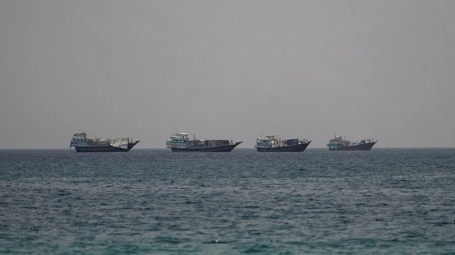 Vessels at the Strait of Hormuz, as seen from Musandam, Oman, on 1 July 2026.