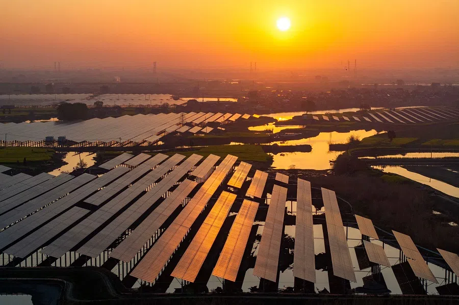 The sun rises over solar panels at a village in Taizhou, in China’s eastern Jiangsu province on 26 March 2025. (AFP)
