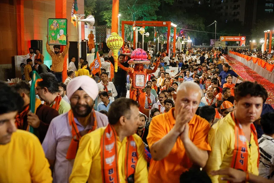 Supporters of Indian Prime Minister Narendra Modi gather at Bharatiya Janata Party (BJP) headquarters in New Delhi, India, on 4 June 2024. (Adnan Abidi/Reuters)