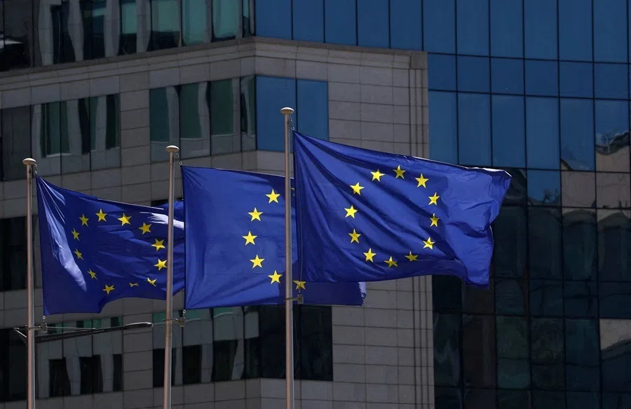 European Union flags flutter outside the European Commission headquarters in Brussels, Belgium, 29 April 2026.