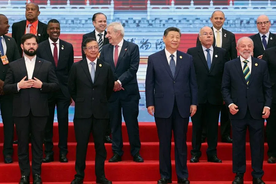 Chinese President Xi Jinping (front row, second from right) and Brazil President Luiz Inacio Lula da Silva (front row, first from right) join leaders for a group photo session before the opening ceremony of the Fourth Ministerial Meeting of the Forum of China and Community of Latin American and Caribbean States (CELAC) in Beijing on 13 May 2025. (Florence Lo/AFP)