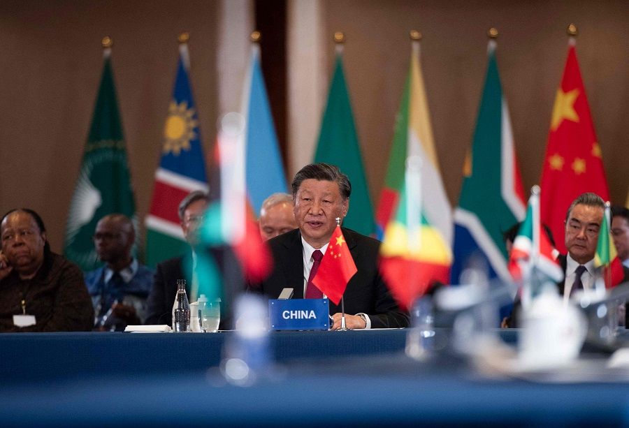 President of China Xi Jinping speaks at the China-Africa Leaders' Roundtable Dialogue on the last day of the 2023 BRICS Summit in Johannesburg on 24 August 2023. (Alet Pretorius/AFP)