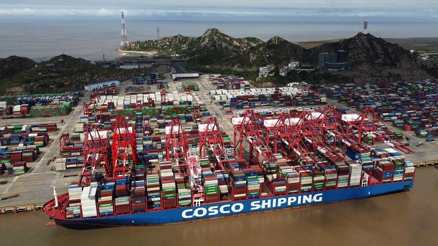 A COSCO Shipping container ship is seen at the Yangshan Deep Water Port amid the Covid-19 outbreak in Shanghai, China, 24 April 2022. (CNS photo via Reuters)