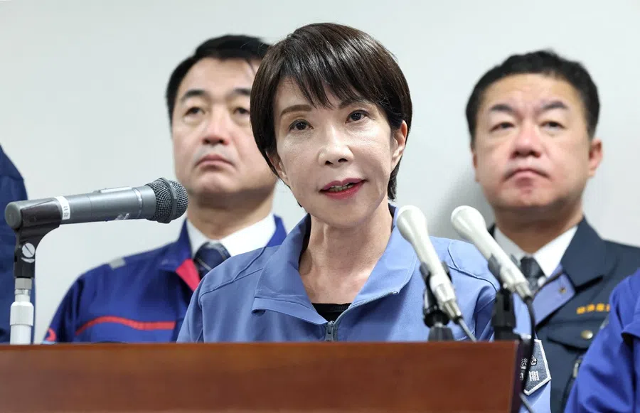 Japan’s Prime Minister Sanae Takaichi responds to questions from reporters after completing her inspection tour in Wajima, Ishikawa prefecture, on 7 December 2025.