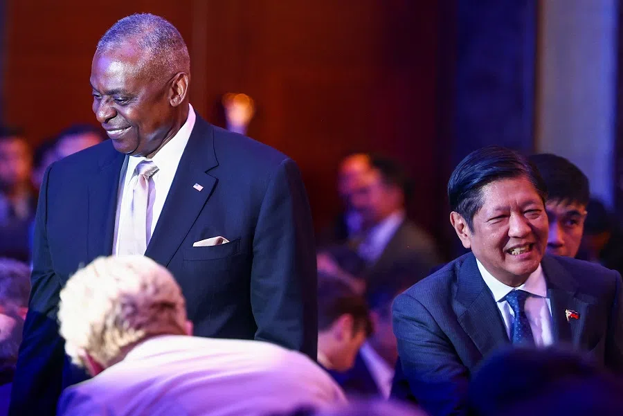 Philippines’ President Ferdinand Marcos Jr and US Defence Secretary Lloyd Austin attend the Shangri-La Dialogue, in Singapore on 31 May 2024.  (Edgar Su/Reuters)