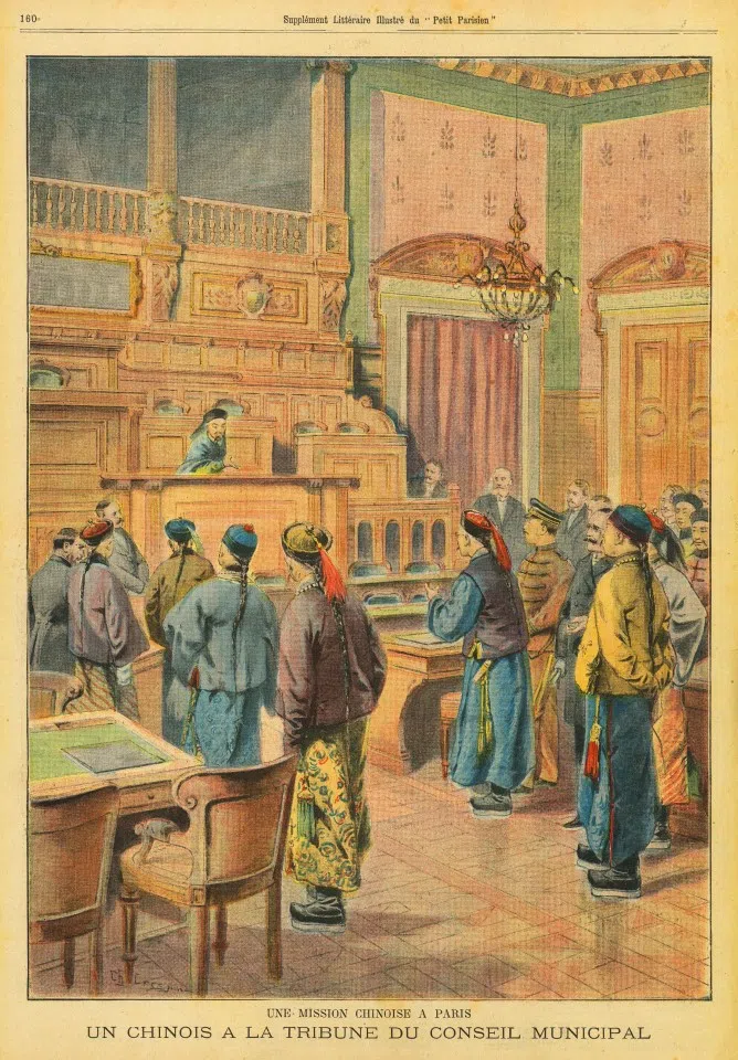 In July 1905, to salvage the dire situation, the Qing government sent five officials - Duke Zaize, Vice-Minister of Revenue Dai Hongci, Vice-Minister of War Xu Shichang, Hunan governor Duan Fang, and assistant to the grand councillor of the right for trade Shao Ying - to visit other countries to learn more about their political systems. However, the trip was delayed due to an attack by the revolutionary Wu Yue. Shao Ying was injured in the attack, while Xu Shichang was subsequently commissioned to be the minister of police; they were replaced by Shandong commissioner Shang Qiheng and Shuntian prefect Li Shengduo. Dai Hongci and Duan Fang set off on 2 December, heading for the US, Germany, and Austria. On 11 December, Zaize, Shang Qiheng, and Li Shengduo left for Japan, the UK, France, and Belgium. They returned the following year, and on 1 September 1906, the Qing government announced preparations for establishing a constitution. The image shows Zaize and his delegation in France.