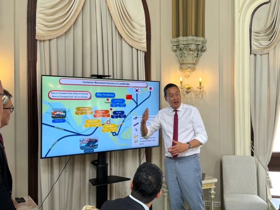 Thai Prime Minister Srettha Thavisin making a pitch to potential investors about the land bridge project during his recent visit to the US, November 2023. (Srettha Thavisin/X)