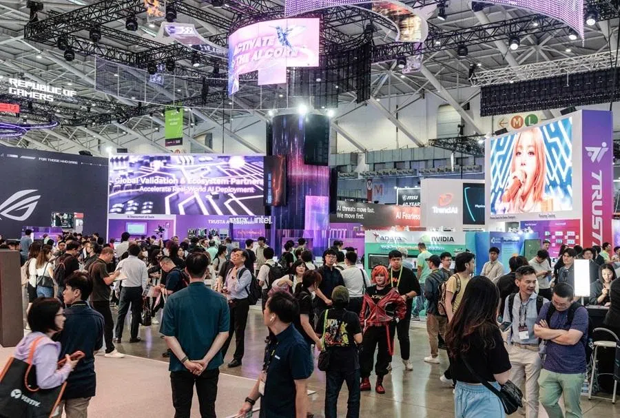 Visitors gather inside an exhibition hall during Computex in Taipei on 2 June 2026.