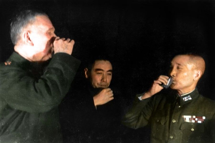 In 1946, General George C. Marshall formed a three-person team to mediate the civil war between the KMT and CCP. The photo shows Marshall (left), CCP representative Zhou Enlai (centre), and KMT representative General Chang Chih-chung (right). While the mediation seemed peaceful on the surface, in fact, armed conflicts kept breaking out between the KMT and CCP troops in northern and northeast China - behind the surface mediation, the KMT and CCP were both actively preparing to fight.