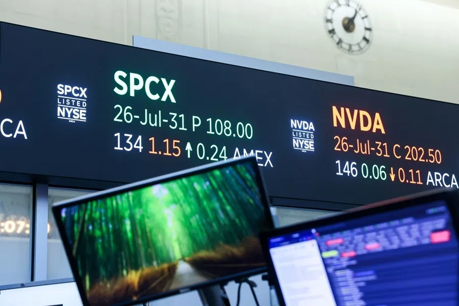 Space Exploration Technologies Corp. (SpaceX) and Nvidia Corp. signage on the floor of the American Stock Exchange at the New York Stock Exchange in New York, US, on 31 July 2026.
