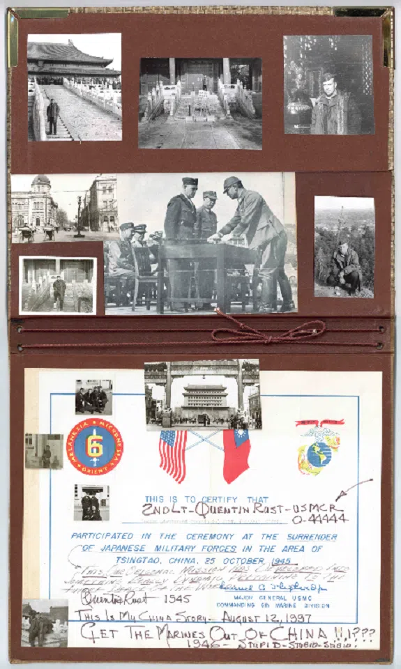 Quentin Rust’s private photo album, with the Qingdao surrender ceremony certificate pasted below.
