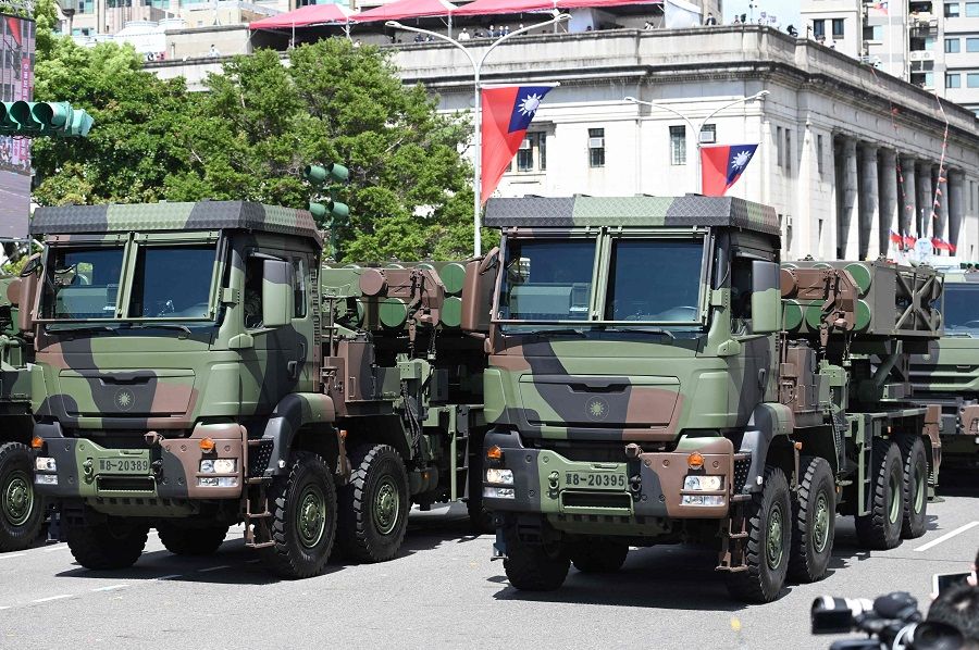 Taiwanese military vehicles take part in a Double Tenth Day parade in front of the Presidential Office in Taipei, Taiwan, on 10 October 2021. (Sam Yeh/AFP)