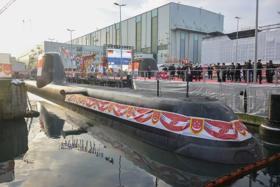 A submarine ordered by Singapore is seen at ThyssenKrupp Marine Systems shipyard before a christening ceremony in Kiel, Germany, 13 December 2022. (Fabian Bimmer/Reuters)