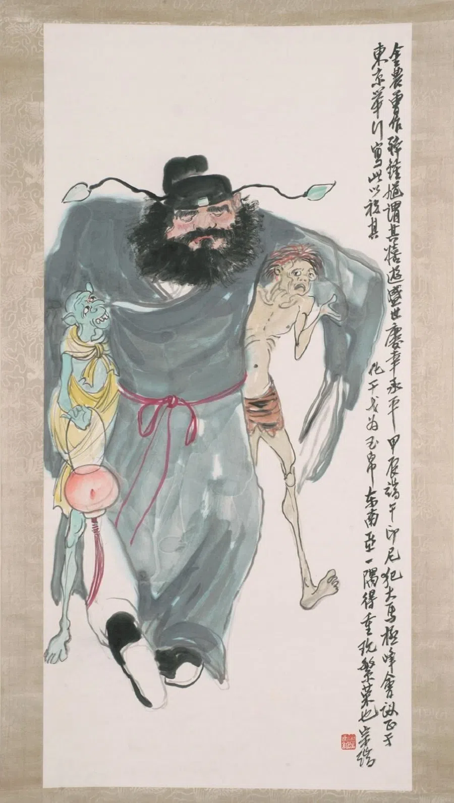 Chen Chong Swee, Zhong Kui, 1964, Ink and colour on paper, 93.7 x 45.1 cm. Inscription by Chen Chong Swee: Jin Nong once painted a drunken Zhong Kui who happily roamed the world, celebrating its peace and harmony. During the fifth day of the fifth lunar month of the jiachen year (1964), amidst Indonesia’s antagonism towards Malaysia, a summit was held in Tokyo. This is painted in the hope that the conflict may be resolved peacefully, so that this corner of Southeast Asia may regain its prosperity. Zongrui.  (Collection of artist’s family)